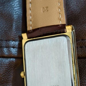 Może przedstawiać: Prostokątny, złoty zegarek kwarcowy Seiko z brązowym sk&oacute;rzanym paskiem. Tarcza zegarka jest srebrna z logo i tekstem Seiko. Pasek do zegarka jest z brązowej sk&oacute;ry z jasnobrązowym spodem.