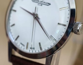 Vintage Jaeger-LeCoultre Club Manual Wind Watch, Silver Case, White Dial, Leather Strap
