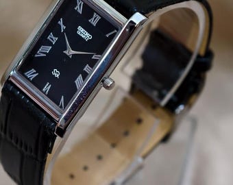Vintage Seiko Tank Watch, Black Dial, Roman Numerals, Leather Strap