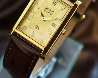 Vintage Seiko Slim Quartz gold Dial watch Case unisex Wrist Watch classic timepiece
