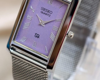 Vintage Seiko slim tank Quartz Rectangular silver tone Watch – Lavender Dial & Silver Mesh Strap Elegant look.
