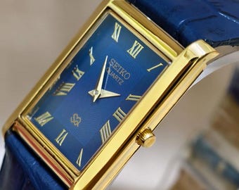 Vintage Seiko Slim Quartz Blau Zifferblatt Gold rechteckigen Gehäuse Unisex Armbanduhr klassische Zeitmesser