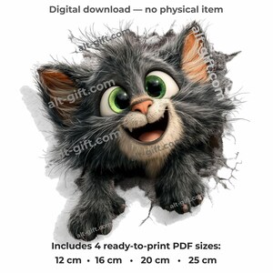 Scruffy Kitten T-shirt utskriftsfil, transparent PNG + 4 PDF-storlekar, DTF-överföringsdesign