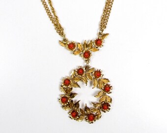 Gold Tone & Faux Coral Floral Open Circle Wreath Necklace Double Chain Vintage
