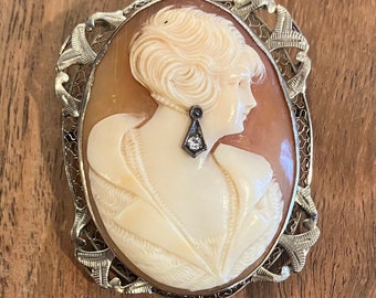 14K White Gold Vintage Hand Carved Cameo Diamond Brooch Pendant Fancy Filigree