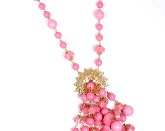 1960s Bubblegum Pink Bead Tassel Statement Necklace Gold Tone Filigree Vintage