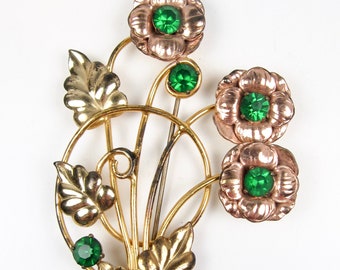 Vintage Sterling Silver 12K Gold Filled Green Rhinestone Flower Bouquet Brooch