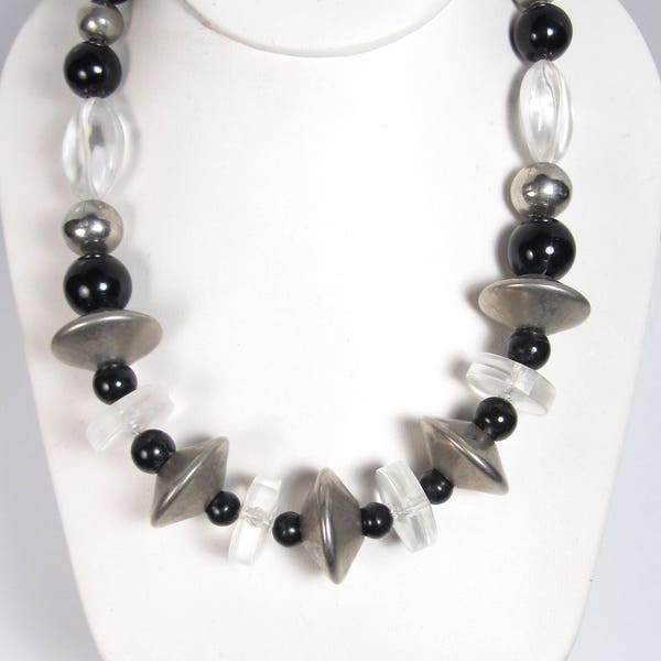 Vintage Clear & Black LUCITE Chunky Silver Multi Bead Necklace 1980s 18"