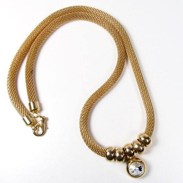 Vintage Gold Tone Mesh Tube Necklace Rhinestone Pendant 19" 1980s - 1990s