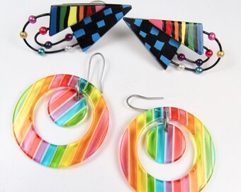You Pick! Vintage Striped Lucite Hoops or Painted Wood New Wave Earrings Statement 1980s Couture