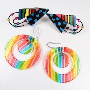 You Pick! Vintage Striped Lucite Hoops or Painted Wood New Wave Earrings Statement 1980s Couture