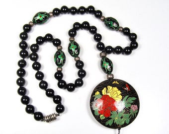 Vintage 1980s Black Onyx Chinese Cloisonné & Sterling Knotted Beaded Necklace