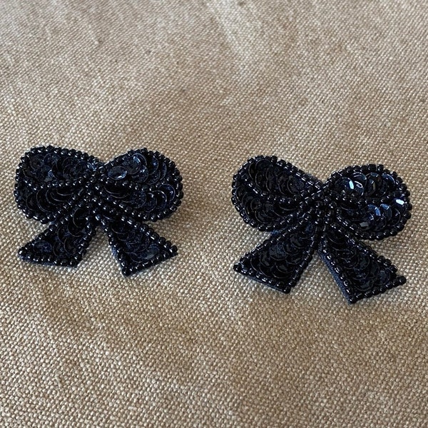 Vintage Bow Earrings Black Beaded Sequin Bows Sparkling 1980s Stud Fabric