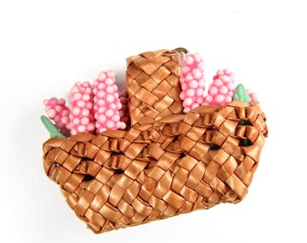 Vintage Wicker Basket Pin Brooch w/ Pink Plastic Hydrangea Flowers Floral Basket