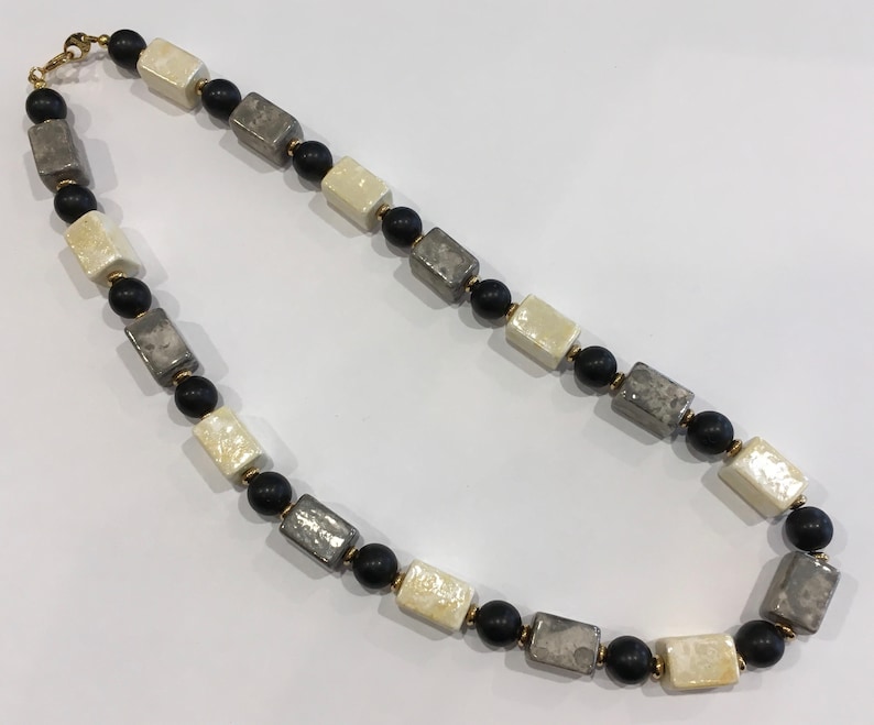 Vintage Komatsu Japan Rectangle Iridescent Grey Black Glass Bead Necklace 18