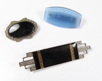 You Pick! Vintage Art Deco Brooch Pin Pierre Bex Black Glass or Blue Glass 1930s