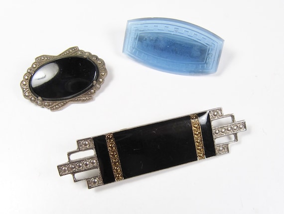 You Pick! Vintage Art Deco Brooch Pin Pierre Bex Black Glass or Blue Glass 1930s