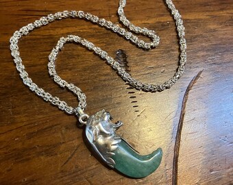 Vintage Tiger Head Pendant Necklace w Aventurine Claw Sterling Silver Renata C