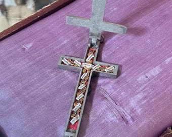 Antique Nickel & Ebony Reliquary 10 Relic Crucifix 3.5" Agnus Dei Ursula Vital
