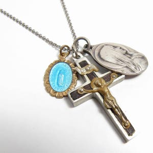 Handmade Religious Charm Pendant Necklace Vtg Ebony Crucifix Blue Enamel Medal