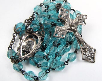 Sterling Silver Crucifix Blue Crystal Bead Rosary Vintage Religious Italy 18.5"