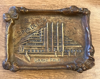 Vintage Antique BRUXELLES GRAND PALAIS Brass Tray Belgium Souvenir