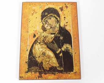 Christliche Ikone Vintage Papier & Holz Religiöse Wandtafel West Deutschland Jungfrau Maria