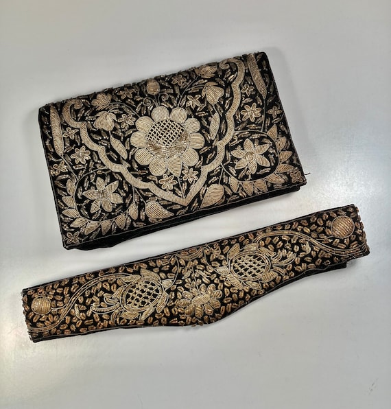 Vintage Gold Silver Bullion Embroidered Clutch Purse Black  display picture 2