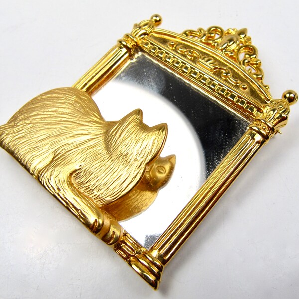 Vintage Cat Brooch Shiny Gold Tone Looking In Antique Mirror Signed JJ Jonette