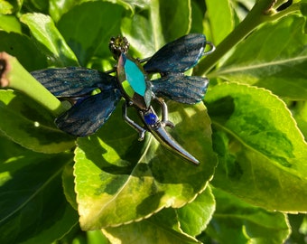 Vintage Dragonfly Barrette, Signed YOSCA ©, Silver Plated, Hand-Painted Enamel, Rhinestones