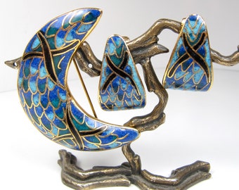 Vintage Blue Gold Black Cloisonne Enamel Crescent Moon Pin Brooch Clip Earrings