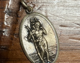 Vintage St. Christopher Large Oval Pewter Medal Protect Us Italy High Relief