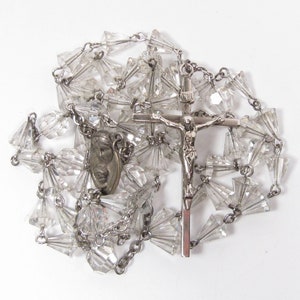 1960s Sterling Silver Crucifix Bicone Crystal Bead Rosary Vintage Religious 23&quot;
