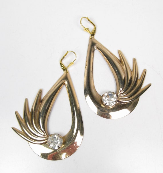 Huge Vintage Gold Tone Rhinestone Dangle Earrings… - image 2