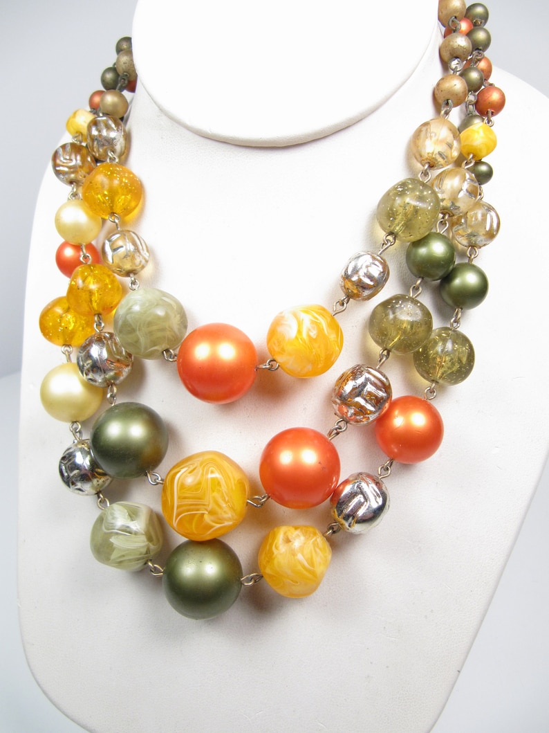 1960s Chunky Multi Strand Necklace Orange Green Silver Beads Vintage Lucite Vtg