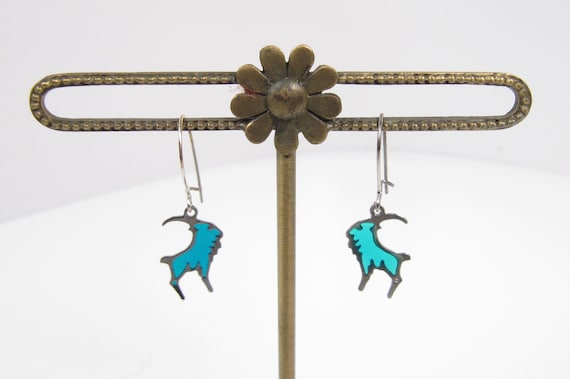 Ram Goat Dangle Earrings Zodiac Aries Green Blue Glass Plique a Jour Style Vtg