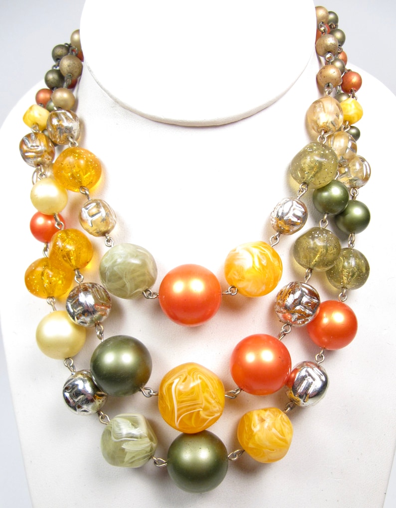 1960s Chunky Multi Strand Necklace Orange Green Silver Beads Vintage Lucite Vtg