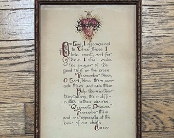 Framed Antique Personal Prayer Sacred Heart Hand Painted Devotional | Painted by a Nun | Signed