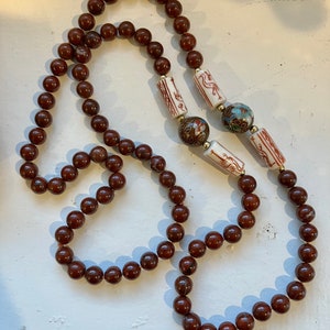 Chinese Cloisonne Red Jasper 30&quot; Bead Necklace Hand Knotted Painted Crane Bird