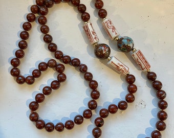 Chinese Cloisonne Red Jasper 30" Bead Necklace Hand Knotted Painted Crane Bird