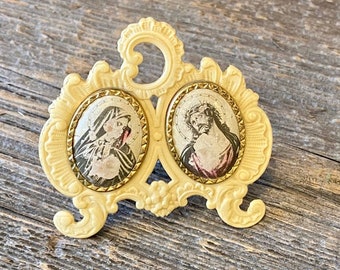 Vintage Antique Celluloid Religious Frame w Easel Stand Blessed Mother & Jesus