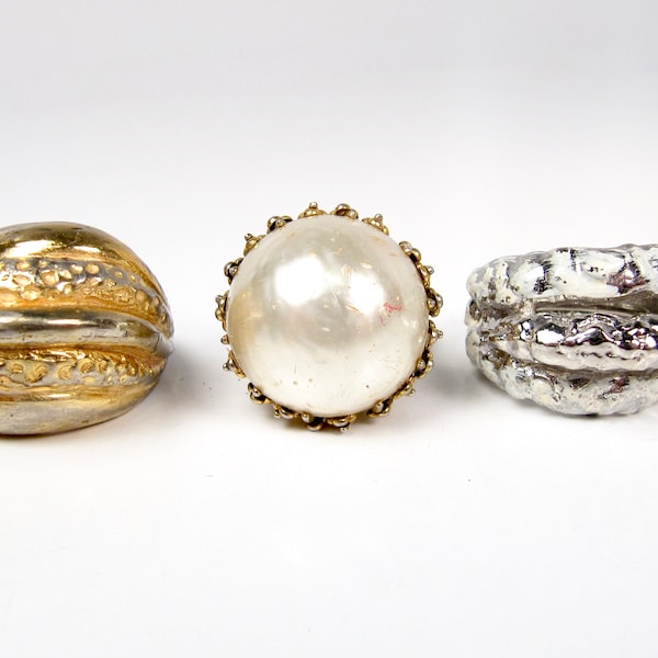 You Pick! 1960s Large Pearl Gold Costume Ring Brutalist 1970s Silver Tone Ring Adjustable