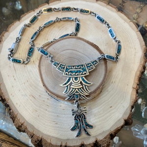 Vintage Taxco Sterling Silver Inlay Turquoise Chip Mexican Statement Necklace