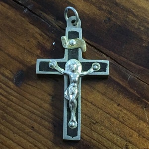 Vintage 1-1/2&quot; Ebony Inlay & Nickel Nun Priest Small Parsons Pectoral Crucifix Cross Religious Rosary INRI
