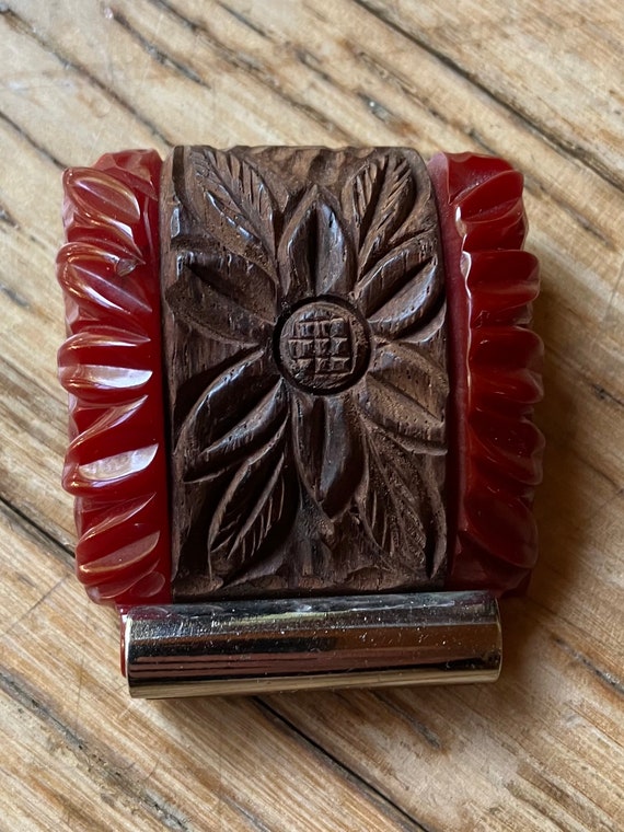 Vintage Carved Red Bakelite & Wood Flower w Chrom… - image 3