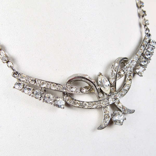 Vintage 1950s Clear Glass Rhinestone Pretzel Bow Banner Necklace Foil Back Vtg