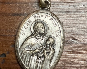 Vintage St. Ann with Mary Oval Pewter Medal Pray For Us Guardian Angel Saint Anne