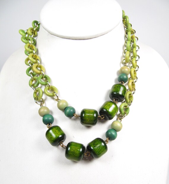 Vintage 1970s Dark and Lime Green Wood Bead & Gol… - image 2