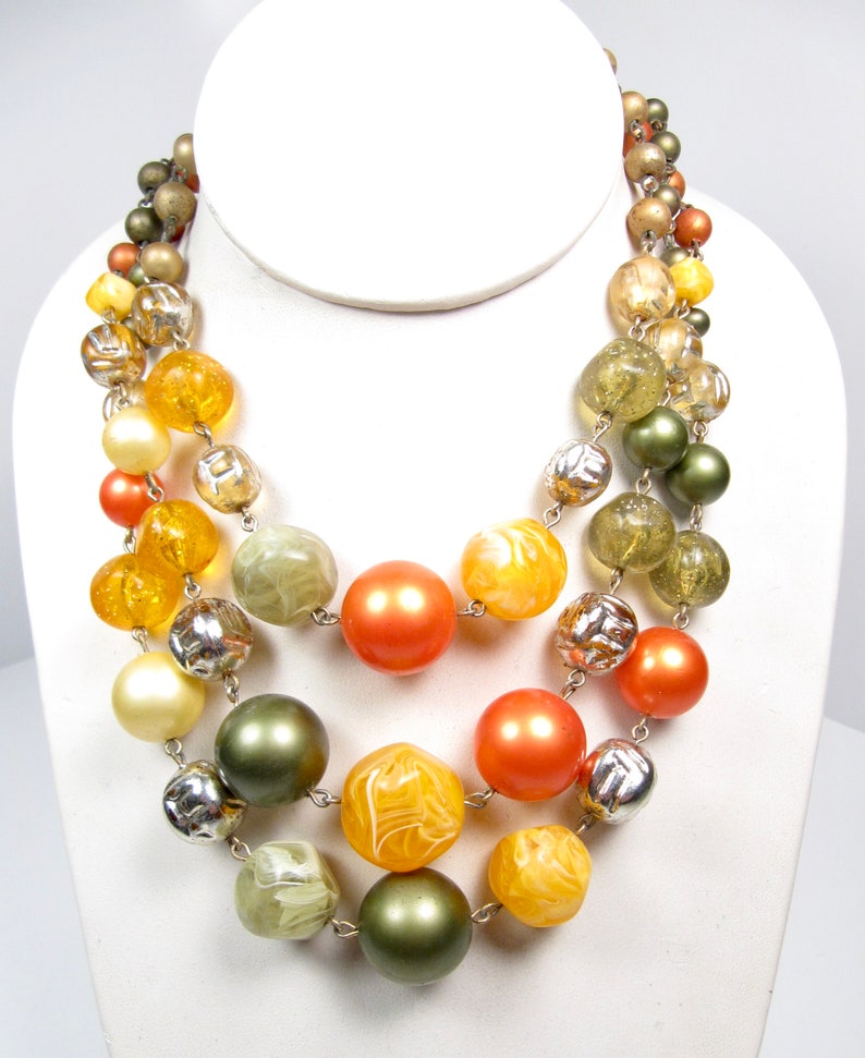 1960s Chunky Multi Strand Necklace Orange Green Silver Beads Vintage Lucite Vtg