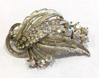 Aurora Borealis Coro Gold Tone AB Crystal Stones Leaf Flower Pin Brooch Vintage